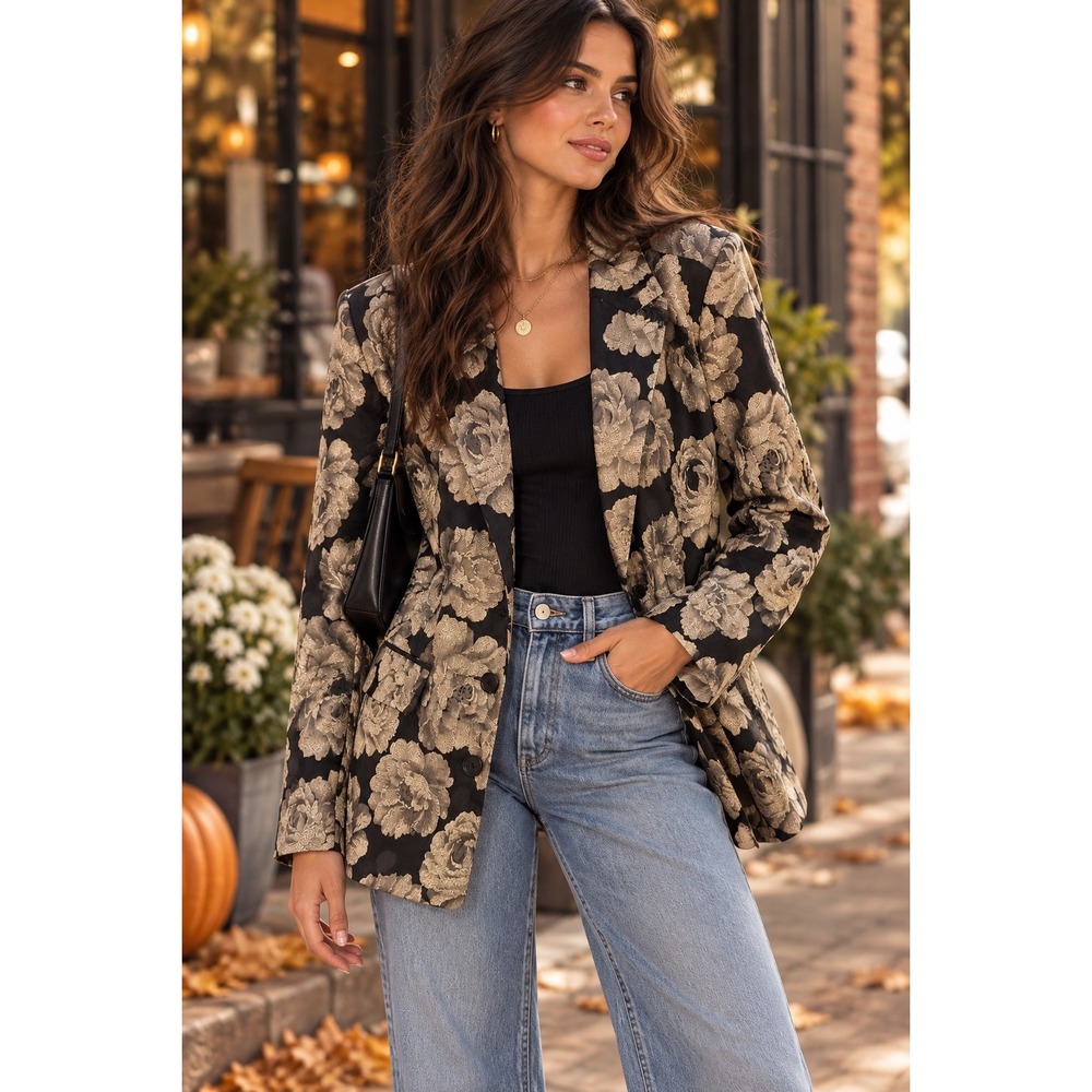 VTG Urban Outfitters Women Black Gold Floral Brocade Blazer Jacket Sz S Jacquard